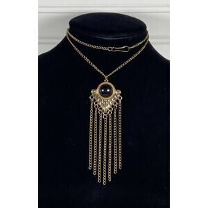Retro Gold Tone Black Stone Triangular Fringe Pendant Statement Boho Necklace